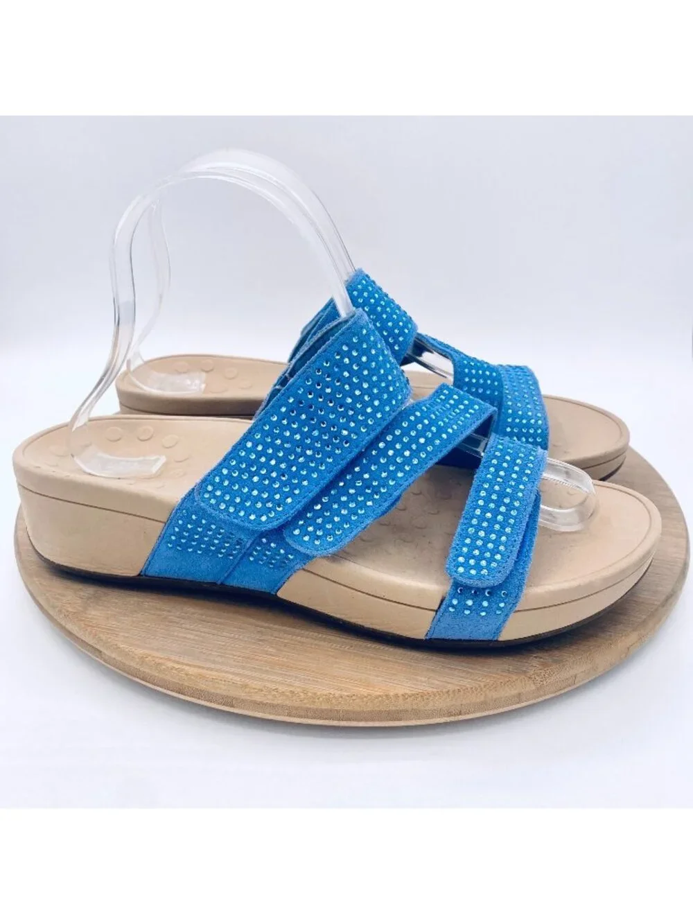 Vionic Alexis Sandals Womens 9 Blue Leather Double Strap Sequins Shiny